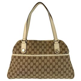 Bolsa Tote de Lona GG e Couro Gucci Marrom Bege