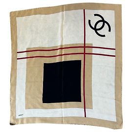Écharpe Chanel Beige Black Red Silk Logo Modern Design Blanc