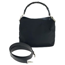 Bolsa de ombro em nylon e couro com detalhe de bambu Gucci Preto