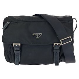 Borsa a Spalla Prada Nylon Leather Tessuto Triangle Logo Nero
