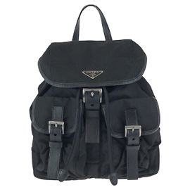 Prada Nylon Leather Tessuto Logo Backpack Black