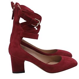 Valentino Garavani Buckle Strap Court Ankle Strap Pumps in Red Suede Red Dark red