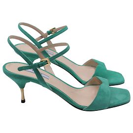 Prada Ankle Strap Sandal Heels in Green Suede Green
