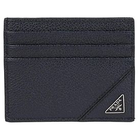 Prada Tarjetero de piel de becerro granulada con logotipo triangular Azul