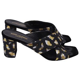 Yves Saint Laurent Saint Laurent Patterned Heeled Mules in Black Satin Black