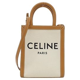 Céline Bolsa Tote Celine Mini Vertical em lona de algodão e couro de bezerro Marrom Bege