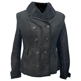 Burberry Brit Chedleigh Double-Breasted Shearling Jacket in Black Leather Black