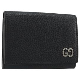 GUCCI Card Case Leather Black Silver Auth 189021A Black Silvery
