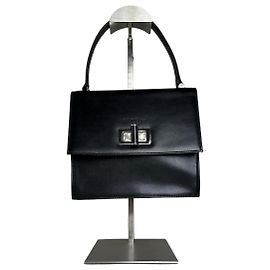 Vintage Courreges Strukturierte Lederhandtasche Schwarz Silber Schwarz