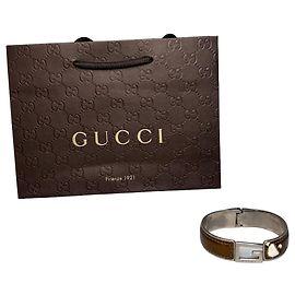 Pulseira Vintage Gucci em couro com Interlocking G em aço inoxidável Marrom Prata Marrom