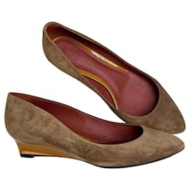 Sandálias de salto plataforma em camurça vintage Bottega Veneta Tan Burgundy EU35.5 Camelo