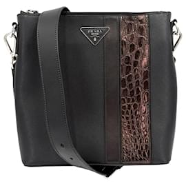 Prada Men's Black Leather Shoulder Bag Black