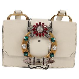 Miu Miu Madras Crystal Buckle Leather Small Blanco