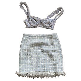 Conjunto de saia e top bustier em tweed Chanel Rosa Cinza Cru Amarelo Azul claro