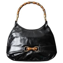 Autre Marque Talbots Bolsa de ombro em couro envernizado preto com alça de bambu Preto