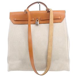 Bolsa Hermès Haut à Courroies em tela e couro Marrom Bege
