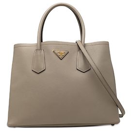 Prada Sac Double Saffiano Cuir Gris Medium Marron