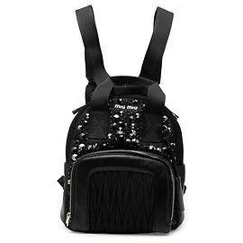 Miu Miu Black Leather Trimmed Matelasse Crystal Embellished Nylon Backpack Black