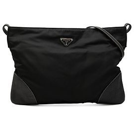 Borsa a tracolla Prada Black Vitello Daino Trimmed Tessuto Zip Top Nero