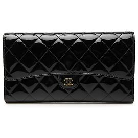 Chanel Black CC Quilted Patent Classic Flap Long Wallet Black