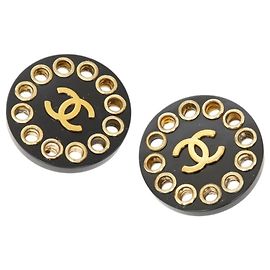 Orecchini a clip rotondi Vintage Chanel Coco Mark Nero D'oro