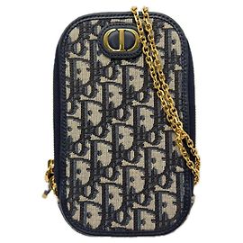 Bolsa de ombro para celular em lona Oblique 30 Montaigne da Christian Dior Bege Azul marinho