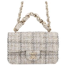 Bolsa de ombro com corrente em tweed cinza Chanel Marrom