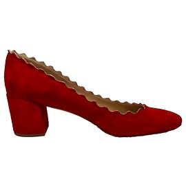 Chloé Lauren Scallop Block Heel Pumps in Red Suede  Red