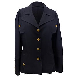 Chanel Gold Button Jacket in Navy Blue Wool Blue Navy blue