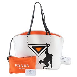 Prada Canapa Monkey Print Tote Bag Black White Orange
