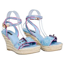 Louis Vuitton Monogram Denim Wedge Sandals Pink Blue