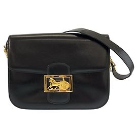 Céline Celine Vintage Carriage Hardware Black Leather Shoulder Bag Black