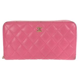 Cartera larga de piel de becerro granulada rosa Chanel Rosa