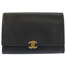 Chanel Coco Mark Black Leather Folding Wallet Black