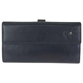 Chanel Camellia Coco Mark Black Leather Long Wallet Black