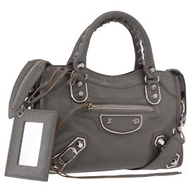 BALENCIAGA Bolsa Mini City Classic Metallic Edge de Couro 2way Cinza Prata Auth 187985M Marrom Prata