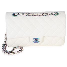 Bolsa Chanel White Quilted Caviar Rainbow Medium Classic Double Flap Branco