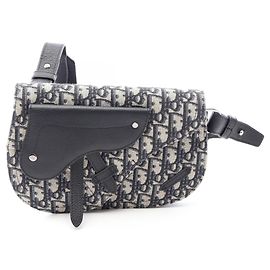 Christian Dior Saddle Bag Oblique Messenger Handbag Beige Navy blue
