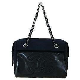 Bolsa de ombro CC em tecido preto e couro Chanel Preto