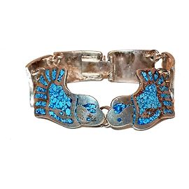 Pulseira Mexicana Prata 925 e Turquesa Motivo Pássaro Prata