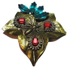 Autre Marque Broche JL Blin Paris de Folha e Abelha com Pedras de Vidro Dourado