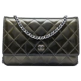 Chanel Green CC Quilted Striated Metallic Patent Wallet on Chain Green Olive green