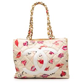 Chanel Beige CC Coated Canvas Kisses and Lips Print Tote Beige