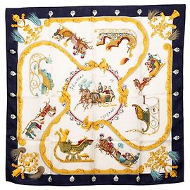 Hermès Hermes Carre 90 Plumes et Grelots Scarf Bianco Blu navy
