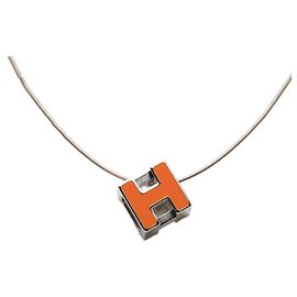 Hermès Colar com pingente Hermes Cage d'H Chain H-Cube Prata Laranja