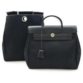 Hermès Hermes Herbag Ad PM Toile Officier Leather 2way Backpack Negro