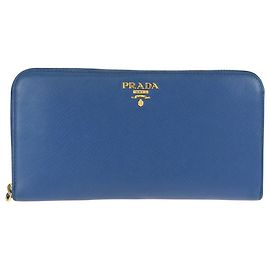 Prada Saffiano Blue Leather Long Wallet Blue