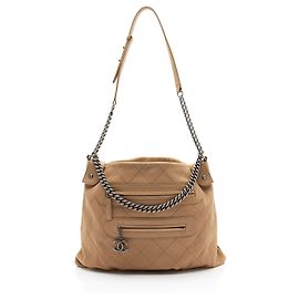 Borsa Hobo Chanel in pelle di vitello con cuciture e doppia zip Marrone
