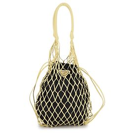 Prada Mesh Handbag Tote Black Yellow