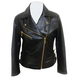 Versace Jeans Couture Jaqueta Biker de Couro Preta com Fivelas Douradas Preto